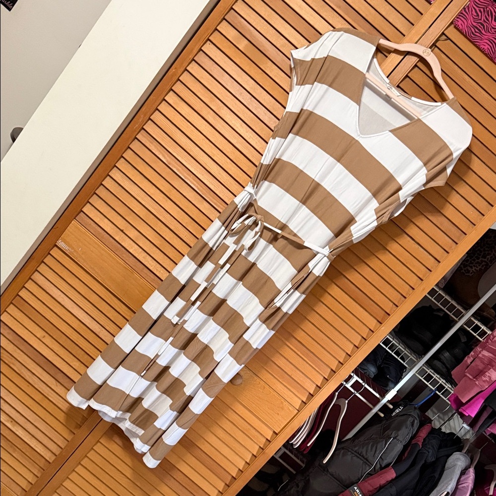 Cato Tan and White Striped Midi Dress